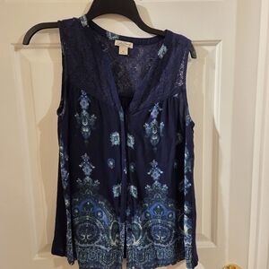 Lucky Brand Navy Blue Sleeveless Lace Yoke Printed Camisole